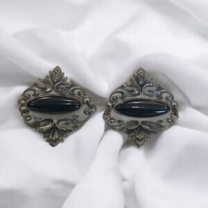 YAZZI Signed Antique Black Onyx Art Nouveau Earrings